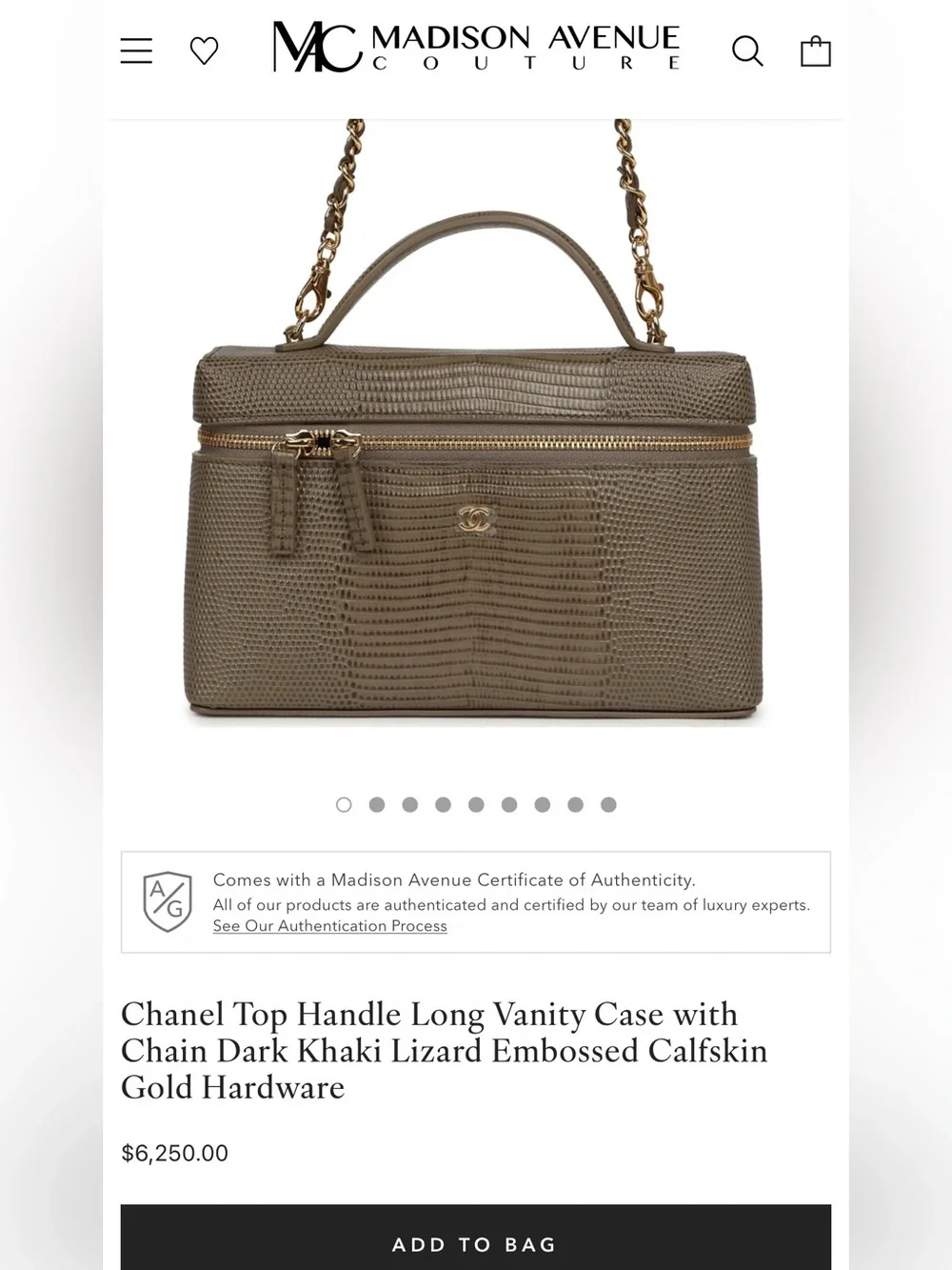 Chanel 26A Dark Khaki Lizard-Embossed Calfskin Top Handle Vanity Case w/Chain